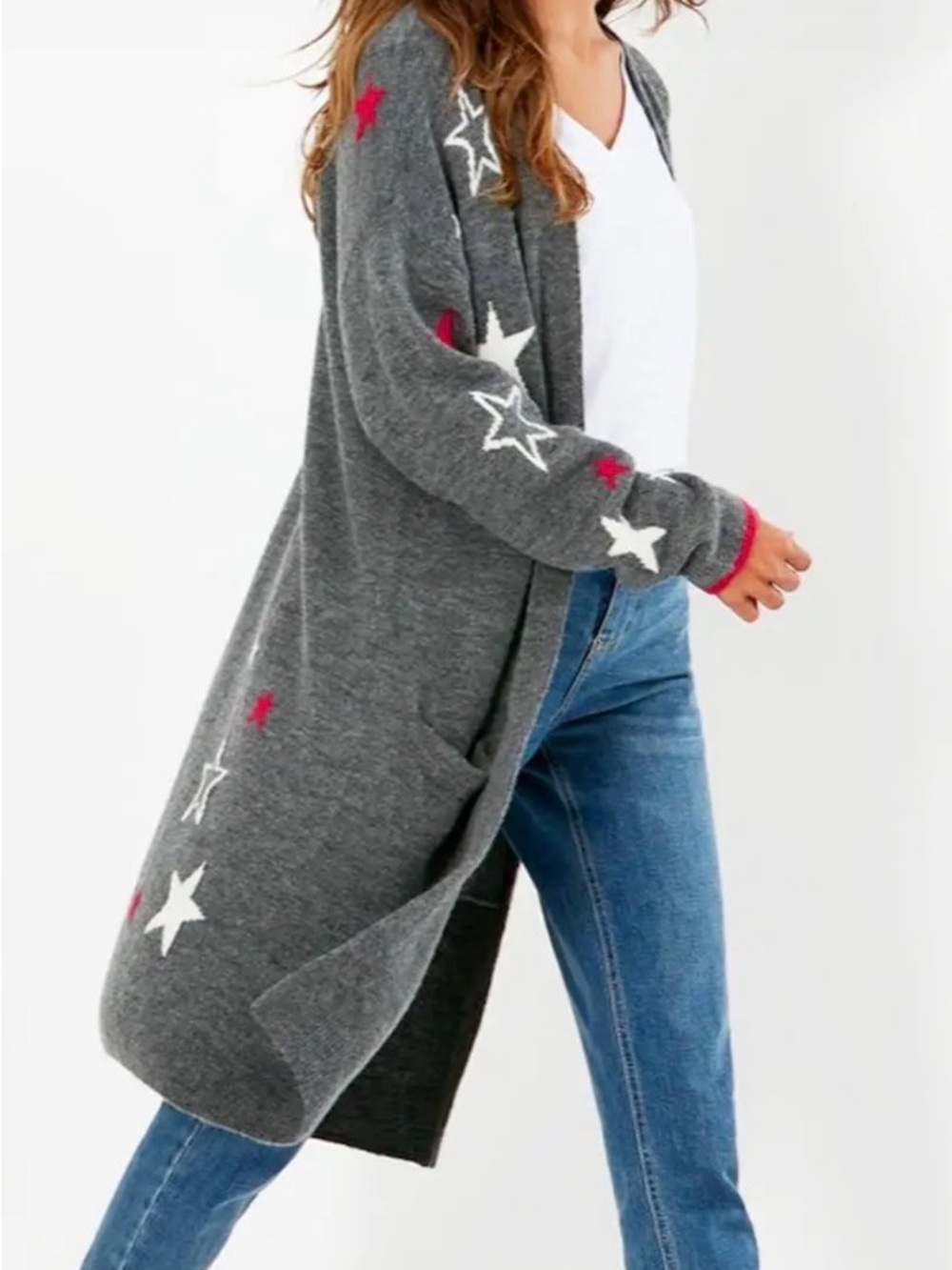 Joules Gray Open Cardigan with White and Pink Star Motif
